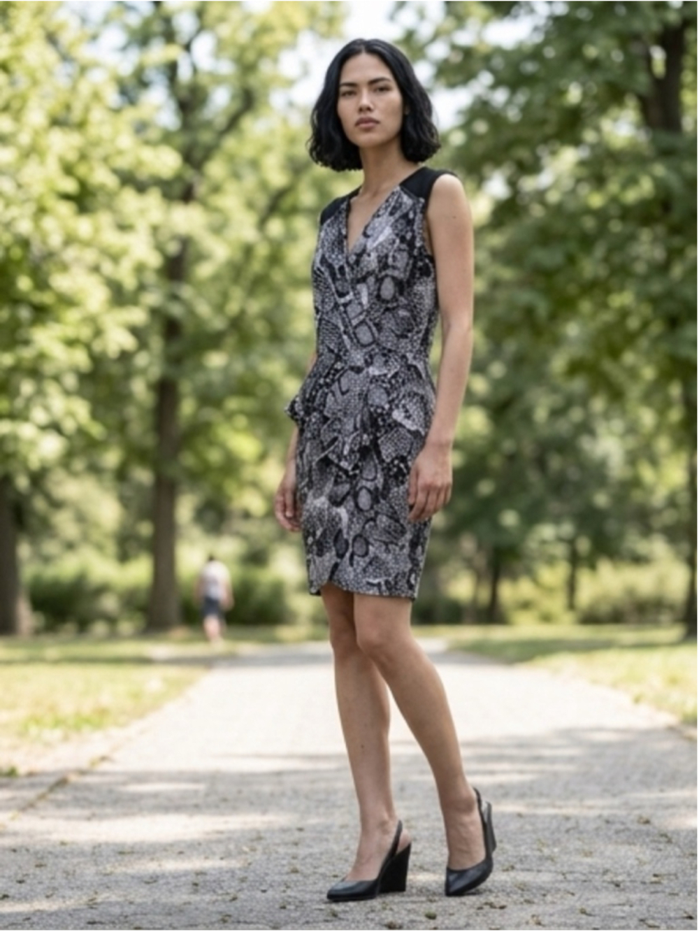 BCBGMAXAZRIA Snakeskin Print Faux Wrap Peplum Sheath Dress XS